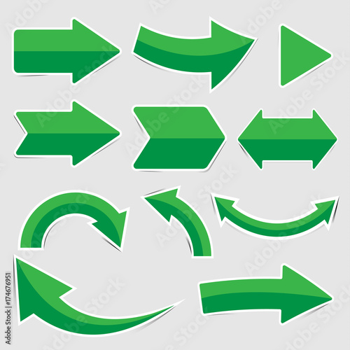 Set of green paper arrow stickers