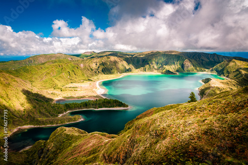 Beautiful panoramic view of Lagoa do Fogo lake in Sao Miguel Island, Azores, Portugal photo
