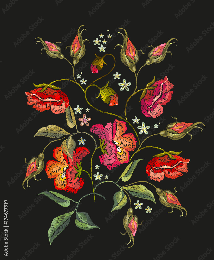 Embroidery roses flowers t-shirt design. Beautiful red roses classical  embroidery on black background. Template for clothes, textiles, t-shirt  design Stock Vector