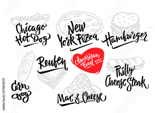 Hand drawn vector illustration popular American Food varieties Corn Dog, Chicago Hot Dog, Hamburger, Philadelphia Cheese Steak, Reuben Sandwich, Mac and Cheese, New York Pizza.
