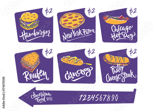 Hand drawn vector illustration popular American Food varieties Corn Dog, Chicago Hot Dog, Hamburger, Philadelphia Cheese Steak, Reuben Sandwich, Mac and Cheese, New York Pizza.