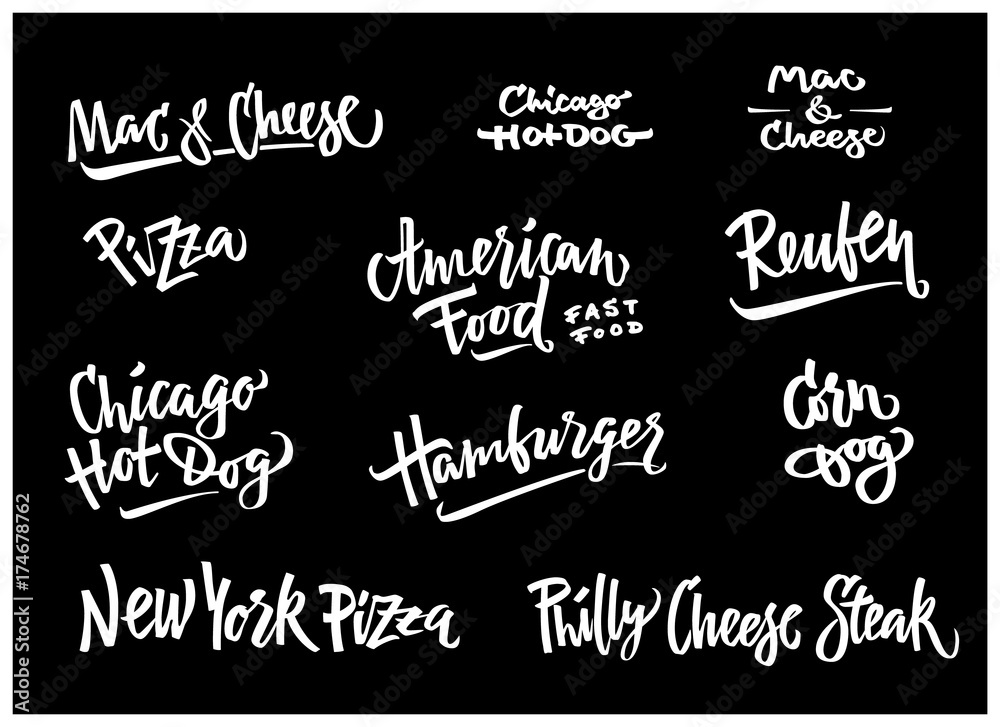 Hand drawn vector illustration popular American Food varieties Corn Dog, Chicago Hot Dog, Hamburger, Philadelphia Cheese Steak, Reuben Sandwich, Mac and Cheese, New York Pizza.