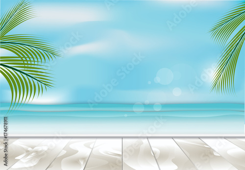 Sea and sky with wooden texture background paper art style