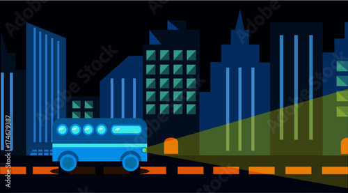 Illustration of a city bus roaming the city at night
