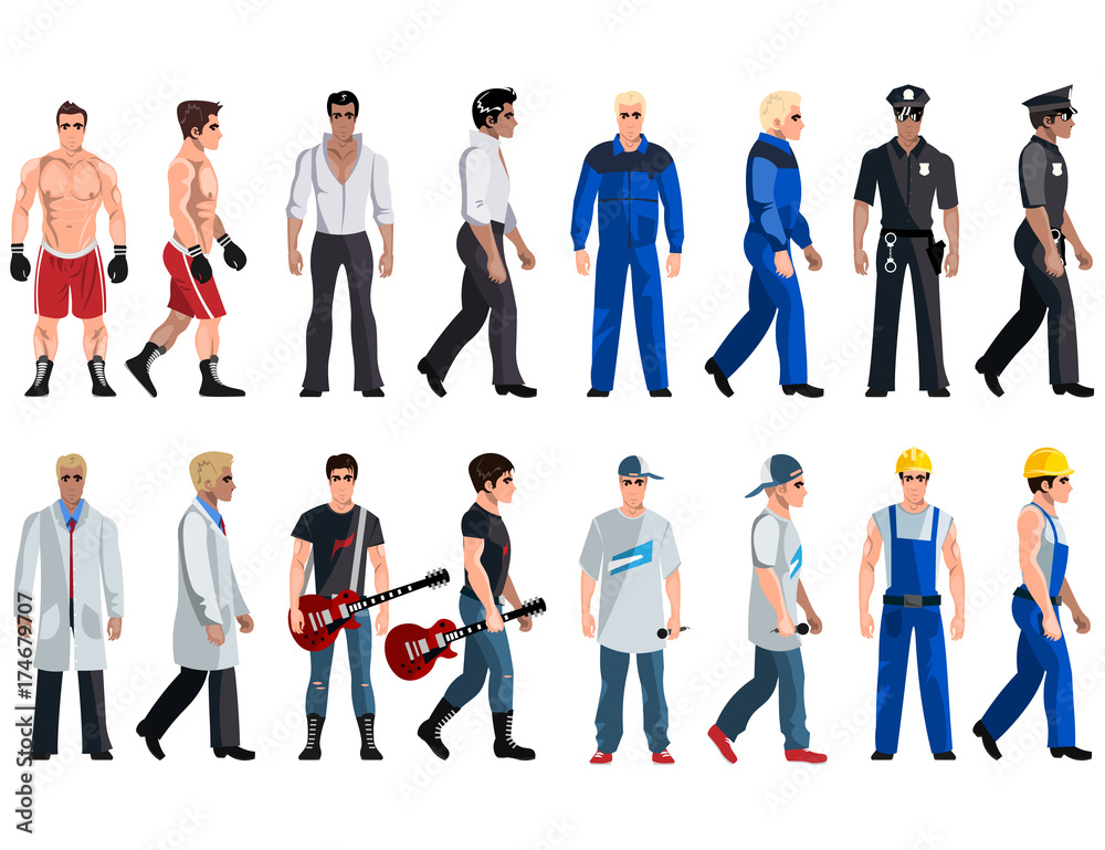 Set professions doctor, electrician, pilot, businessman, engineer, dancer, boxer, rapper.