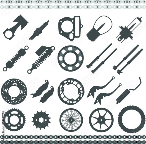 Black silhouette Icons , Motorcycle Parts collection,flat