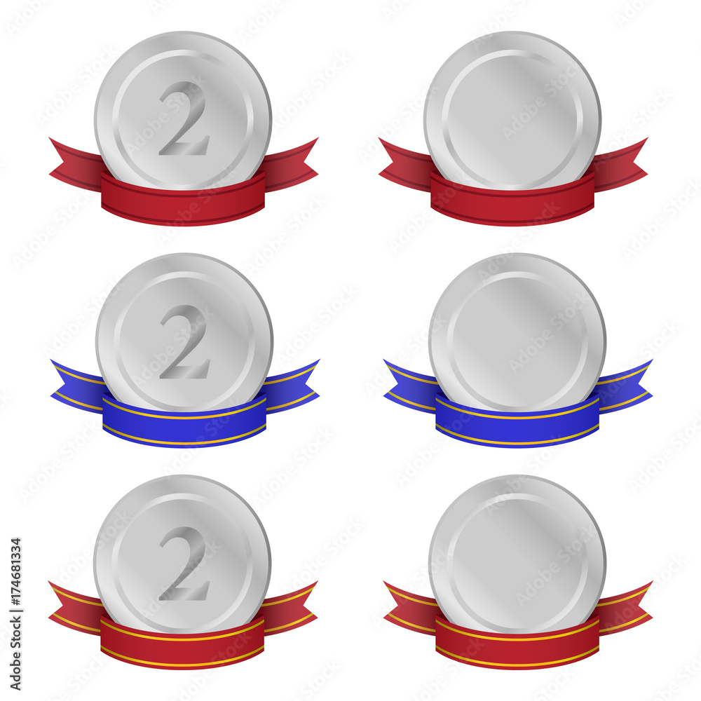 silver medals on ribbons vector set