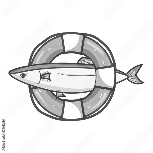 grayscale fish with life buoy object design