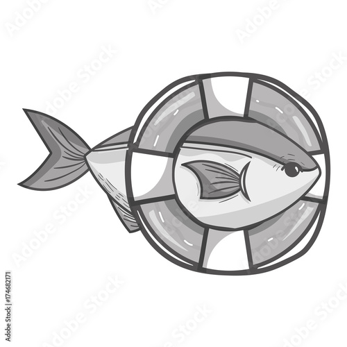 grayscale fish with life buoy object design