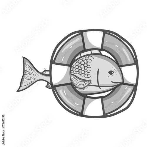 grayscale fish with life buoy object design