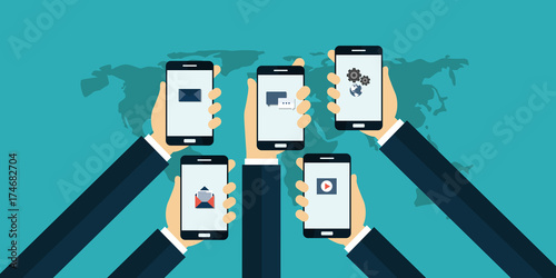 Mobile applications concept. Hands with phones. Flat vector illustration.