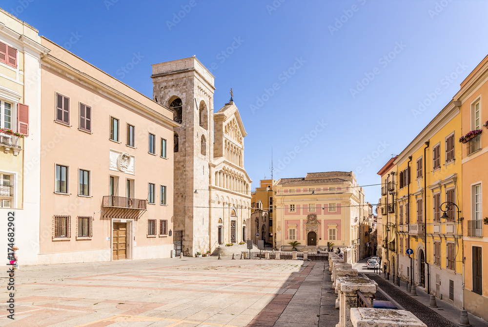 Cagliari, Sardinia, Italy. The house of the Archbishop (earlier 1300), the cathedral (XIII century) and the old town hall (XIV century) on the Palace Square