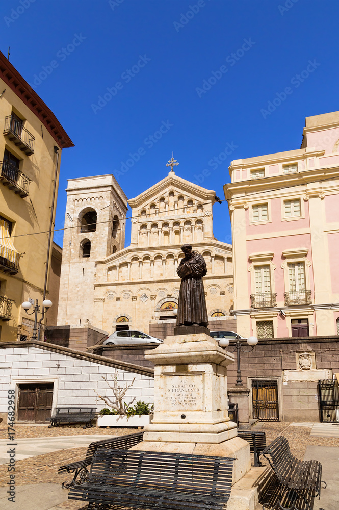 Cagliari, Sardinia, Italy. St. Mary's Cathedral (XIII century) and the statue of St. Francis