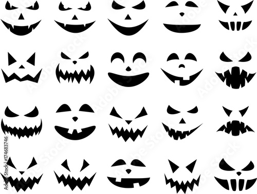 Halloween pumpkin face patterns on white.