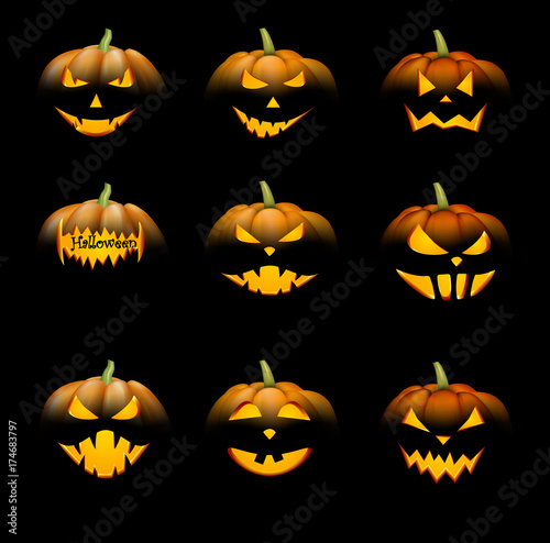 Orange 3d halloween pumpkins set.