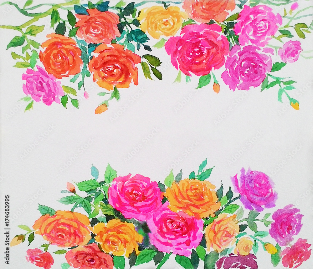 Watercolor original painting colorful of roses pattern