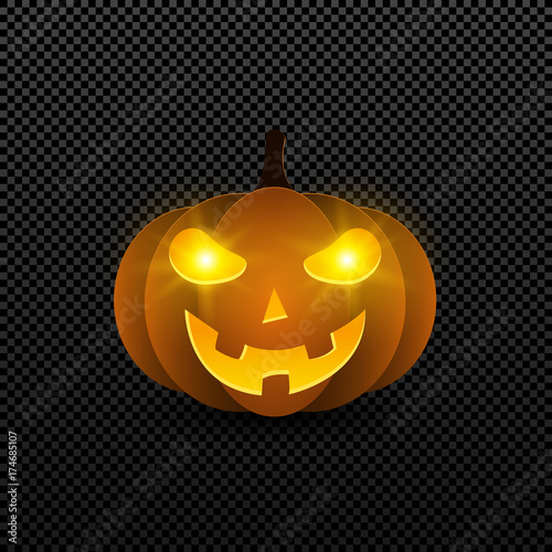 Cartoon halloween pumpkin of orange color with glowing eyes. Yellow eyes glow in the dark. Isolated on a transparent background. Happy Halloween. Vector