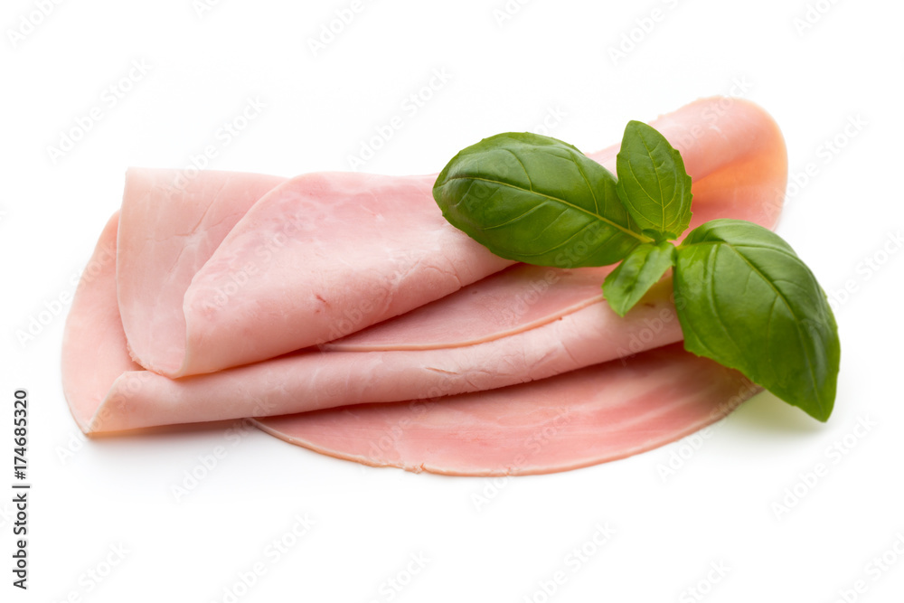 Sliced boiled ham sausage isolated on white background, top view. Sliced boiled ham sausage isolated on white background, top view.