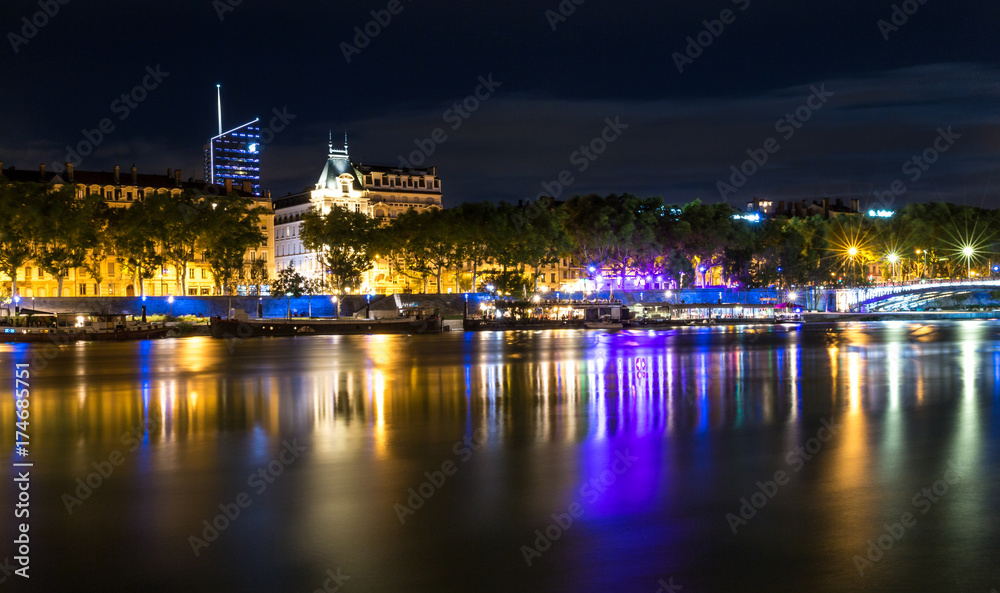Lyon skyline with Saone river by night