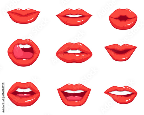 Different shapes of female sexy red lips. Vector illustrations in cartoon style