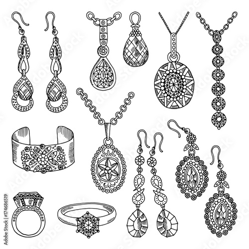 Hand drawn pictures set of luxury jewelry. Vector illustrations