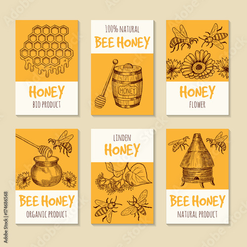 Set of vector cards for honey products. Healthy food symbols