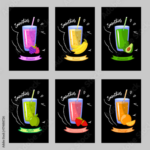 Set of cards with different smoothies on a black background