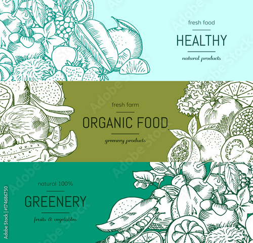 Vector doodle handdrawn vegetables and fruits vegan, healthy food banner set