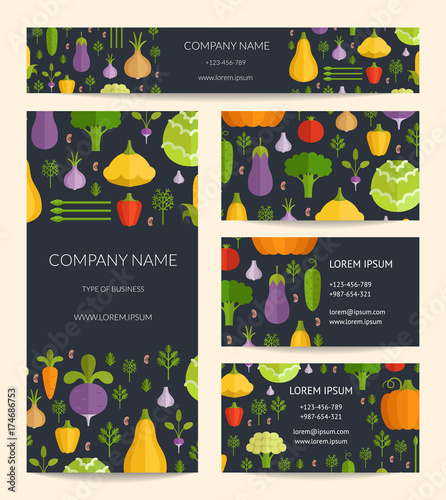 Vector identity for healthy, organic food business card, brochure and banner templates set with flat vegetables