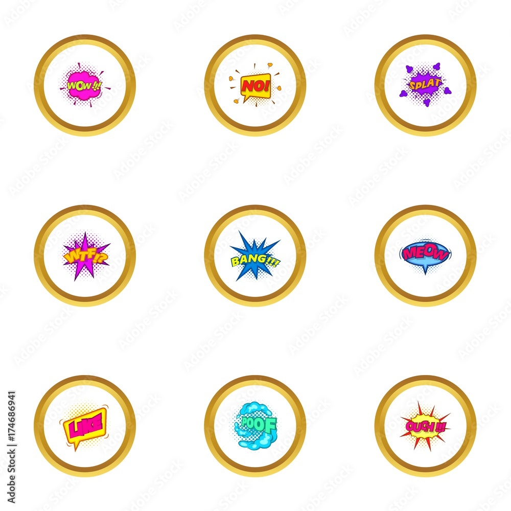 Comic sound icons set, cartoon style Comic sound icons set, cartoon style