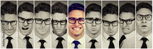 Outlier standing out guy. Happy man among frustrated, sad, desperate, stressed himself. Positive thinking concept