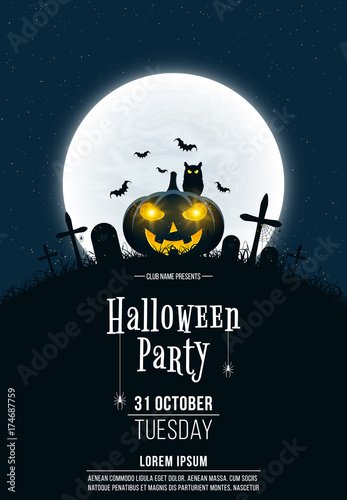 Poster for Halloween party. Terrible concept of crosses, graves and a glowing pumpkin. Starry sky. Black owl. Gloomy cemetery. Full moon. Vertical background. Vector