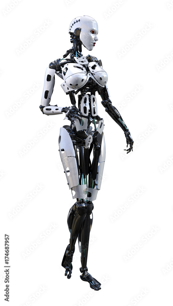 3D Rendering Female Robot on White