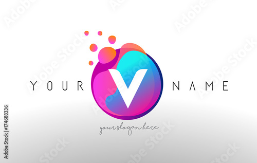 V Dots Letter Logo With Bubbles. A Letter Design Vector with Vibtant Colored Particles.