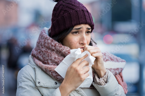 Fotografie, Obraz Woman coughing in winter