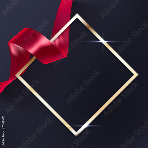 Red vector ribbon and elegant golden frame on black background, luxury banner template. Award ceremony background.