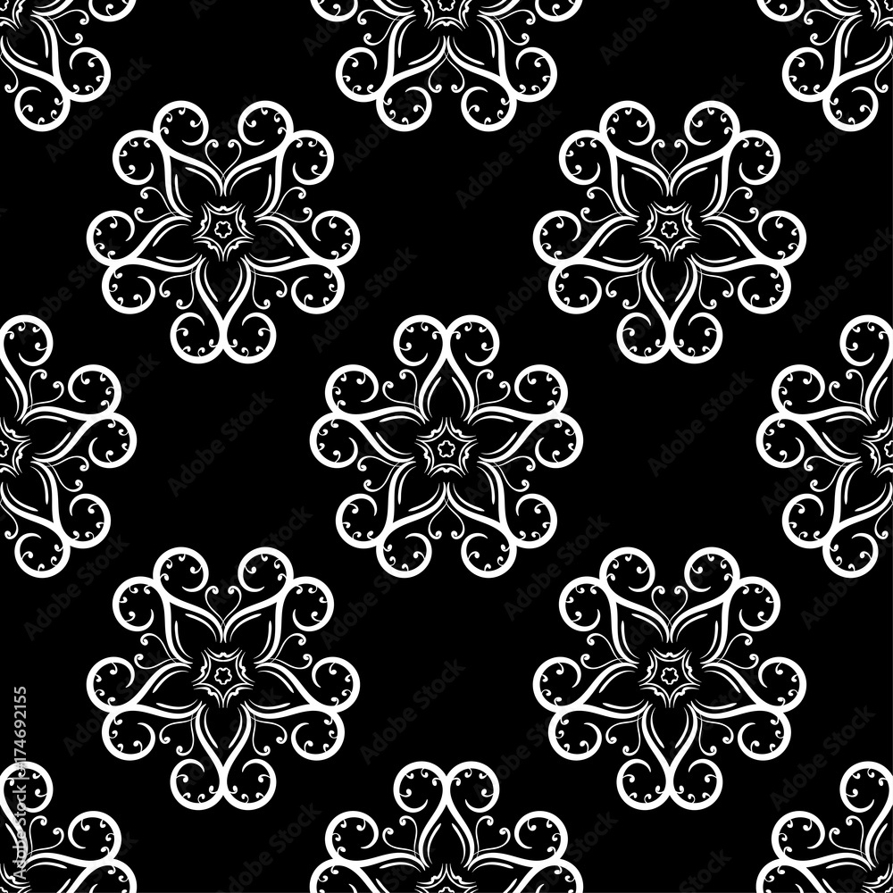 White floral seamless pattern on black background