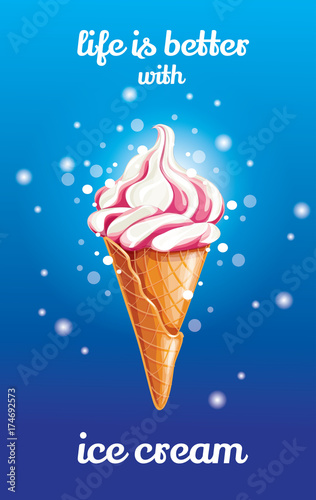 Delicious colorful icecream dessert in waffle cone