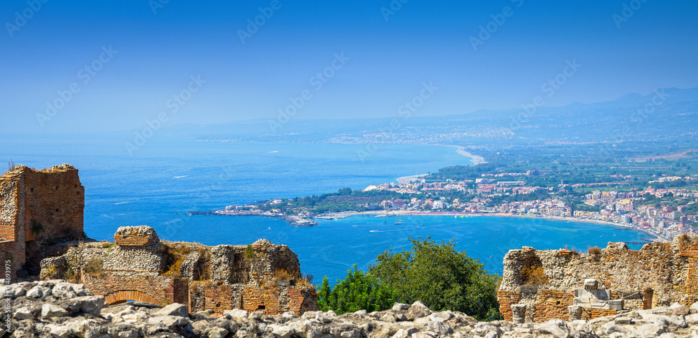 The coast of Taormina,seen from the Greek theater,Sicily.
