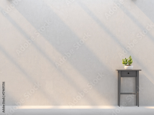 Fototapeta Naklejka Na Ścianę i Meble -  Empty wall with sunlight shining through 3d rendering image.There are empty white wall plaster,Furnished with dark gray wood cabinet