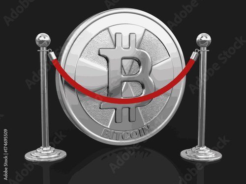Golden bitcoin  and chrome stanchions with rope. Image with clipping path