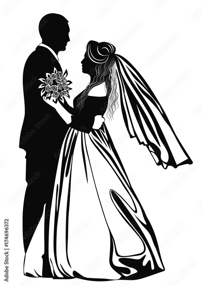 Black-and-white contour image of the dancing bride and groom