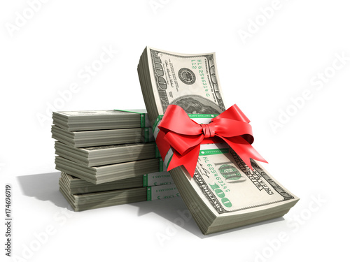 Obraz na płótnie concept of money Deposite Bonus Stack of dollar bills Cash With Red Bow 3d render on White Back Ground w salonie