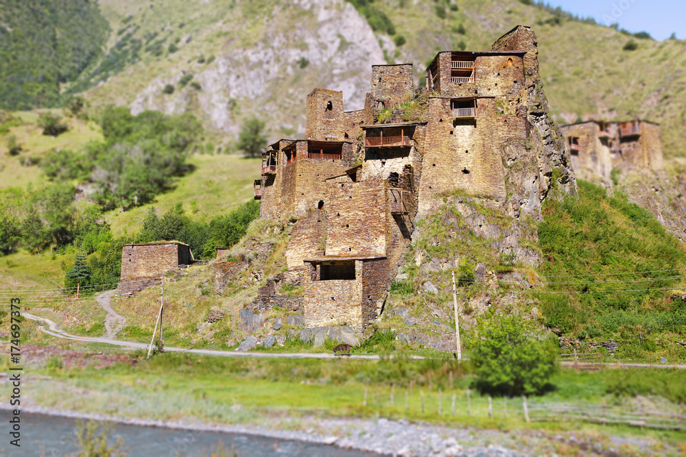 Shatili, historic highland village in Georgia. Caucasus. Khevsureti. Georgia. Tilt-shift effect