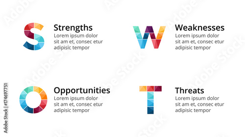 Vector SWOT analysis square metaball infographic, cycle diagram, graph, presentation chart. Business concept with 4 options, parts, steps, processes. 16x9 dark slide template.