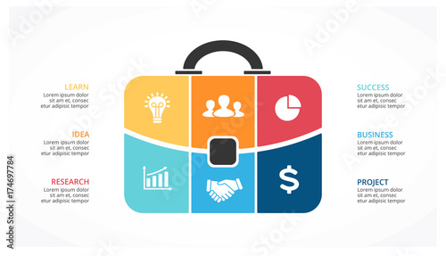 Vector briefcase infographic. Template for bag diagram, graph, presentation, round chart. Business professional portfolio with 6 options, parts, steps or processes. Travel and tourism concept.
