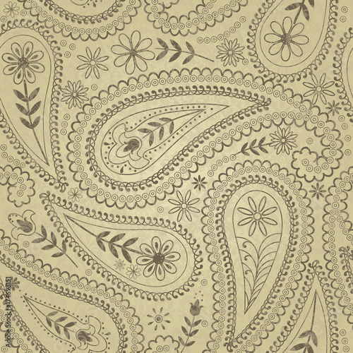 Seamless pattern. Golden textured curls. Oriental style arabesques. Brilliant lace, stylized flowers. Openwork weaving delicate, golden background. Paisley, Indian cucumber.