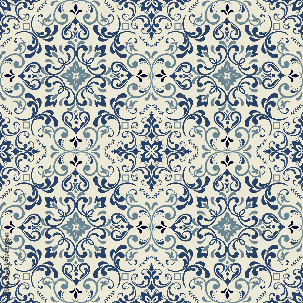 Tracery patchwork pattern from Moroccan tiles, ornaments. Can be used for wallpaper, pattern fills, web page background, surface textures. Vintage elements for design in Victorian style. - obrazy, fototapety, plakaty 