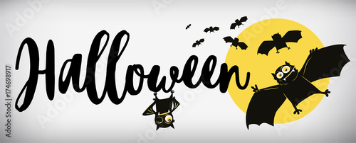Happy Halloween Banner. Comical bat. Vector illustration.