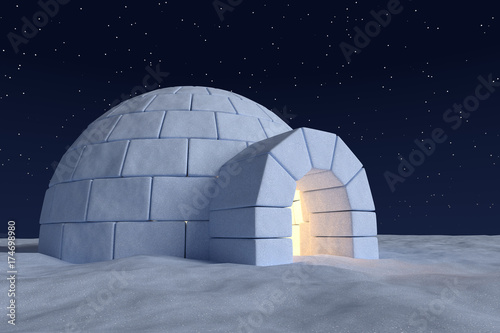 Igloo icehouse with warm light inside under night sky with stars close-up photo